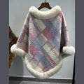 Big Fur Collar Cloak Mid-length Batwing Sleeve Pullover Classic Plaid Shawl