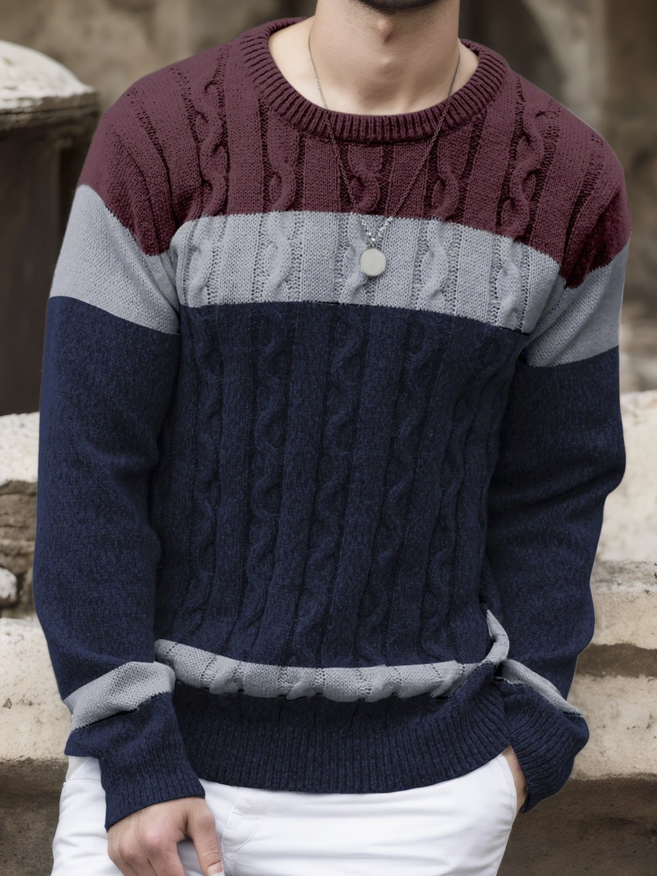 Men's Color-block Crew Neck Sweater European And American Pullover Multicolor