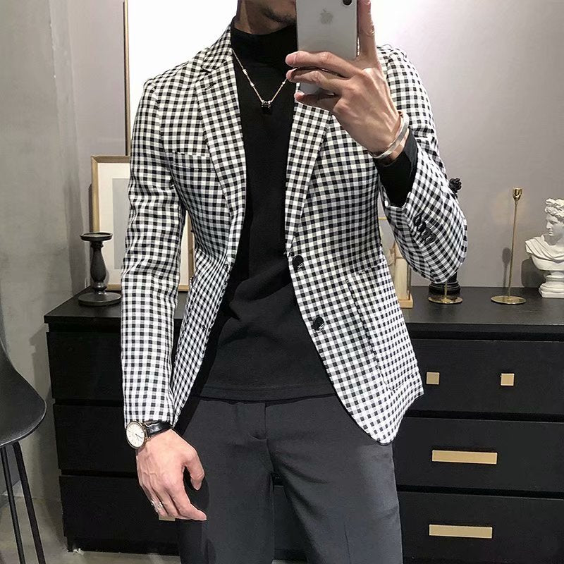 Casual Slim-fit Black And White Plaid Artistic Youth Fashion Jacket