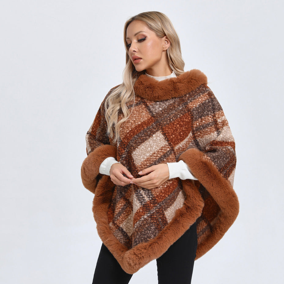 Big Fur Collar Cloak Mid-length Batwing Sleeve Pullover Classic Plaid Shawl