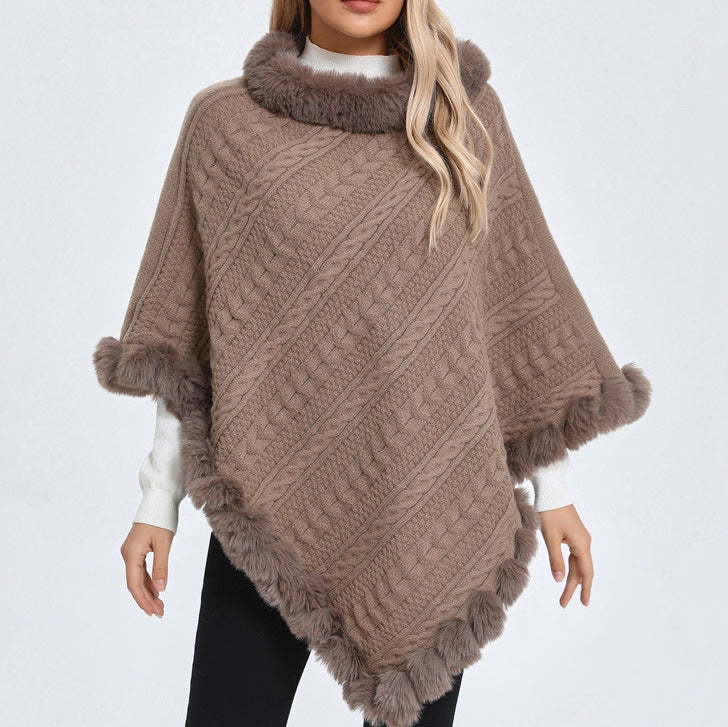Fur Collar Oversized Knit Pullover Shawl Cloak